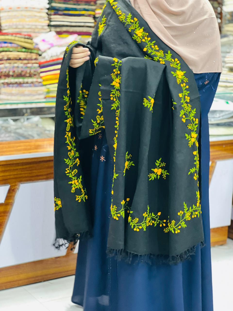 Black Embroidered Floral Shawl for Women