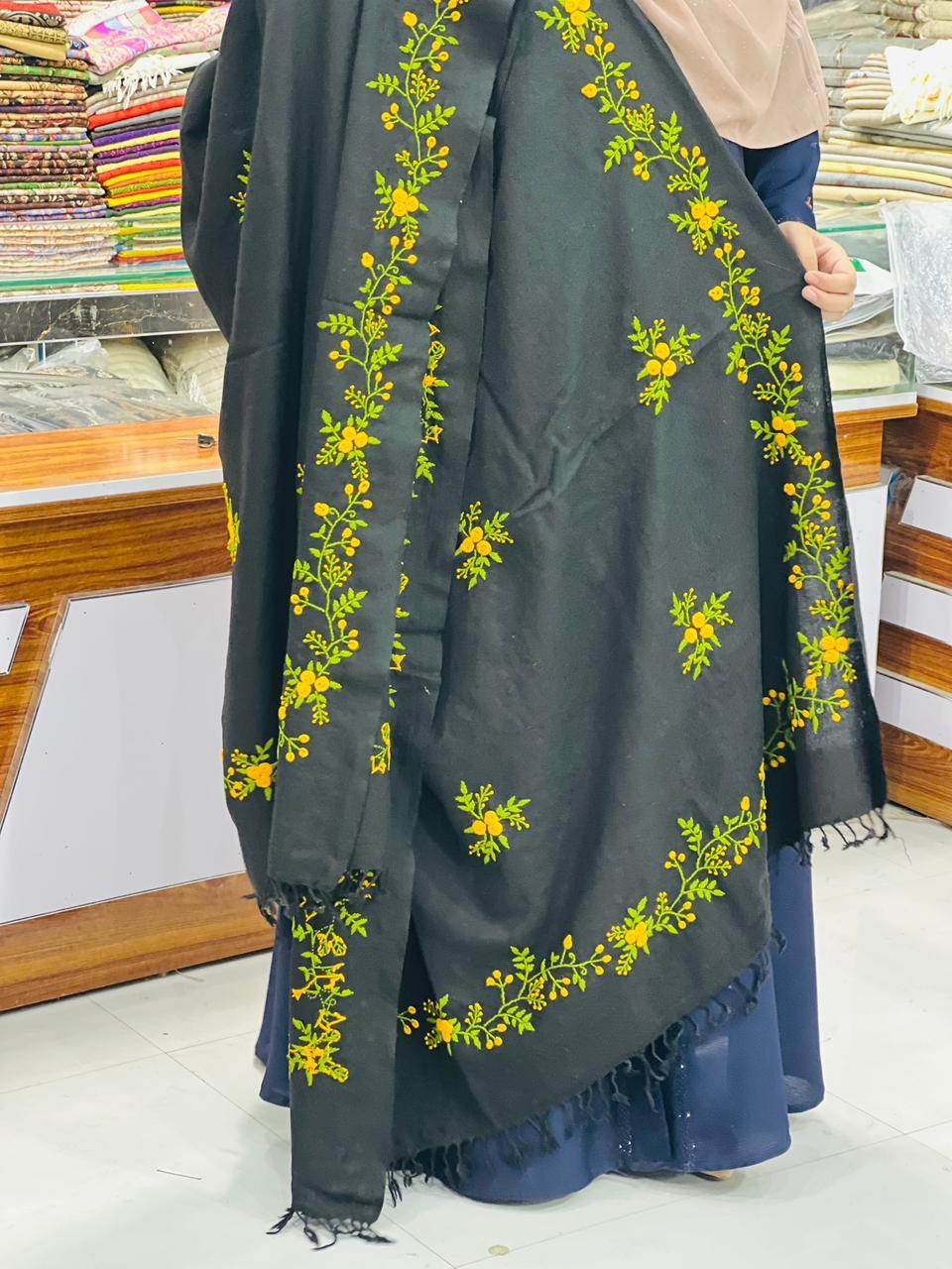 Black Embroidered Floral Shawl for Women