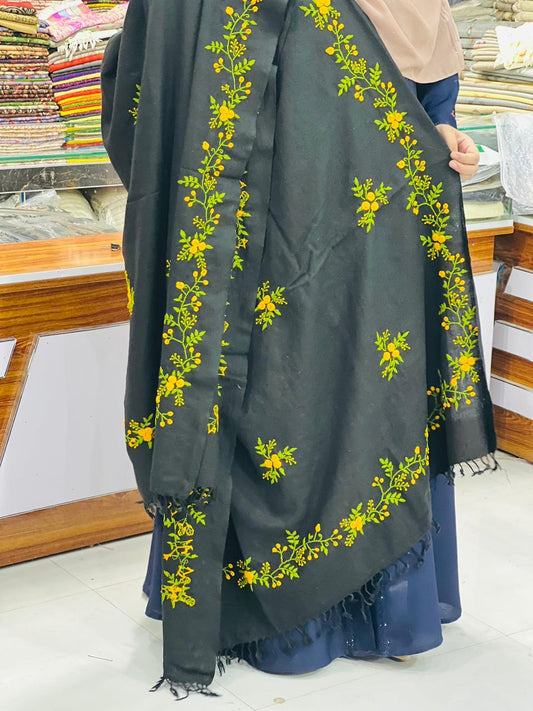 Black Embroidered Floral Shawl for Women
