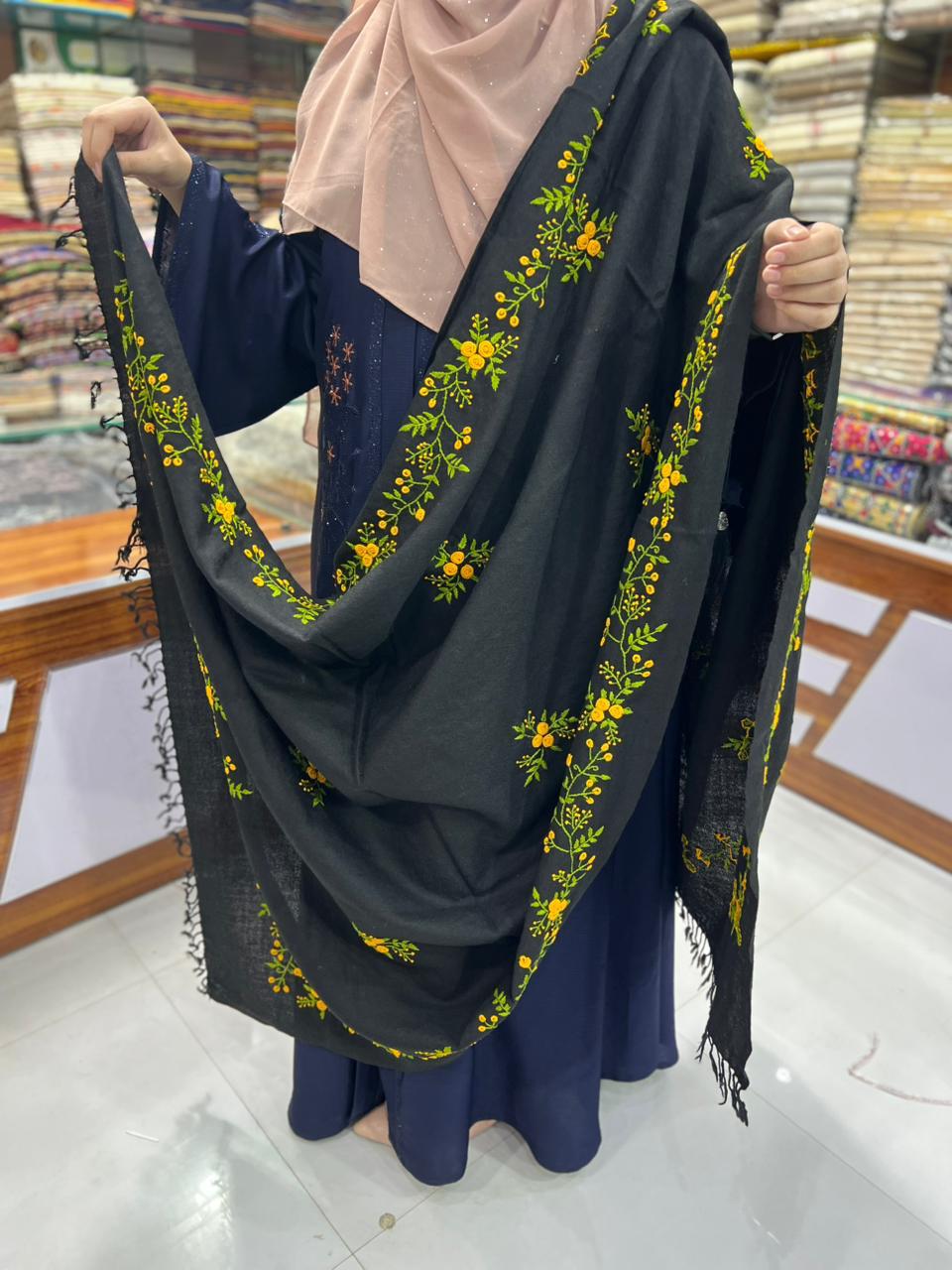 Black Embroidered Floral Shawl for Women
