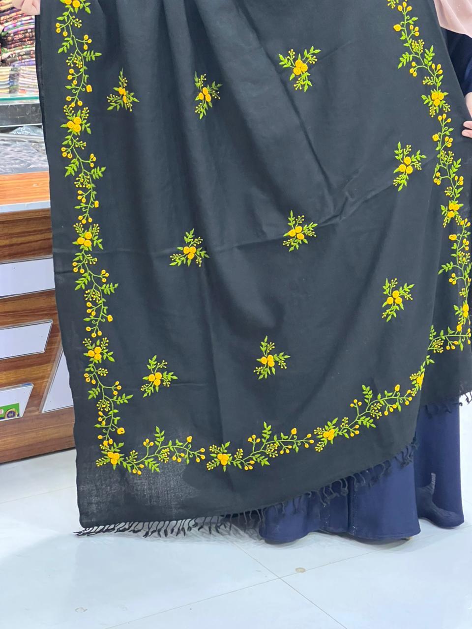 Black Embroidered Floral Shawl for Women