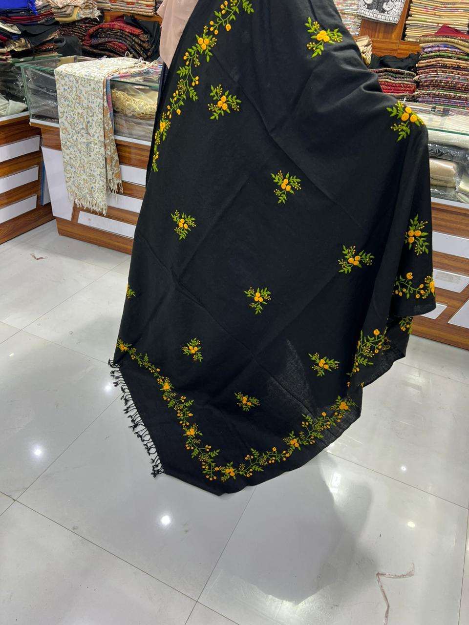 Black Embroidered Floral Shawl for Women